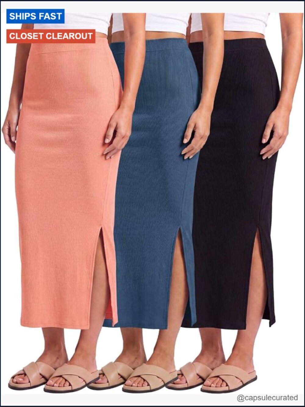 3 Pack Ribbed High Waisted Maxi Skirts with Side Slit